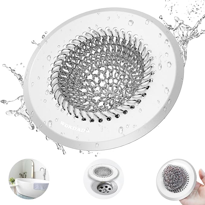 wokdada Drain Hair Catcher: for Bathtub & Shower (Fast Drainage), Reversible 304 Stainless Steel Protector. Fits Pop-Up & Regular Bathroom Drains (Silvery White)