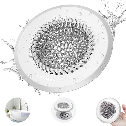 wokdada Drain Hair Catcher: for Bathtub & Shower (Fast Drainage), Reversible 304 Stainless Steel Protector. Fits Pop-Up & Regular Bathroom Drains (Silvery White)