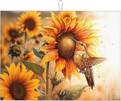 Hummingbird Sunflower Dish Drying Mats for Kitchen Counter, Absorbent Reversible Microfiber Dish Drying Pad, Multi-Use Large Drying Mat Coffee Bar Accessories 18"x24"