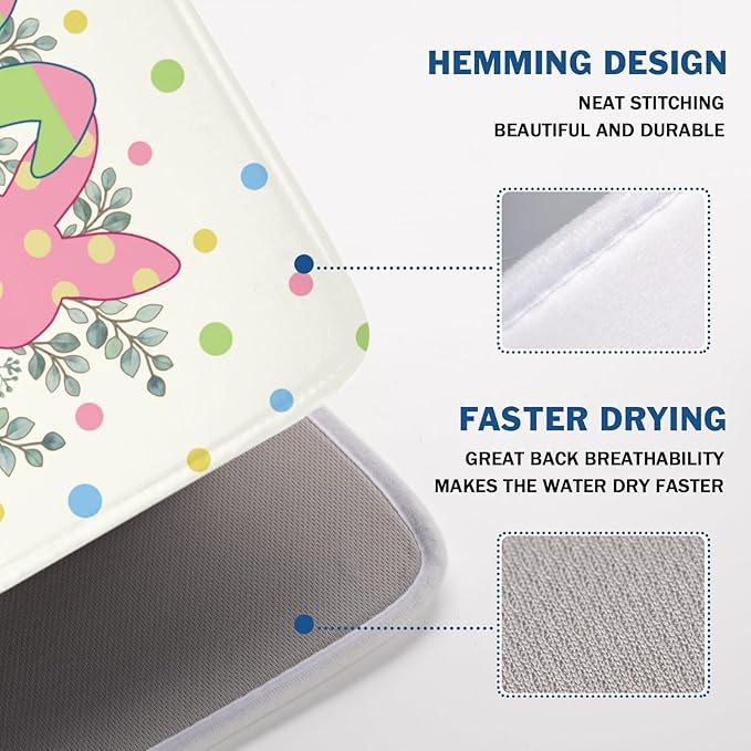 Easter Bunny Dish Drying Mat for Kitchen Counter Cute Rabbit Colorful Polka Dots Pattern Drying Mat 18x24 Inch Spring Holiday Absorbent Dish Drainer Mat Kitchen Accessories