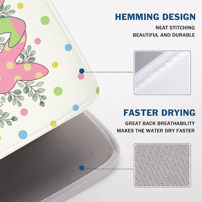 Easter Bunny Dish Drying Mat for Kitchen Counter Cute Rabbit Colorful Polka Dots Pattern Drying Mat 18x24 Inch Spring Holiday Absorbent Dish Drainer Mat Kitchen Accessories