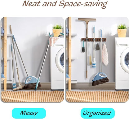 OUTNILI Mop Broom Holder Wall Mount with 3 Slots & 4 Hooks - Wood Broom Mop Hanger for Pantry Kitchen Organization - Garden Tool Organizer for Closet Laundry Room - for Rustic Farmhouse Kitchen Decor
