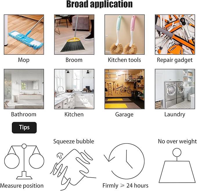 Self-Adhesive Mop Holder,Broom Wall Mounted Rack,Sweeper Gripper Hanger,Cleaning Tools Sticker Hook,Bathroom/Kitchen/Toilet/Garage Gadget,No Drilling and Anti-Slip(4pcs)