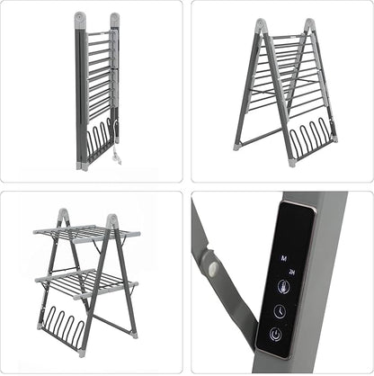 Electric Heated Clothes Drying Rack,Foldable Heated Garment Dryer with Timer Shut-Off Laundry Rack for Clothes Shoes Socks,Aluminum Alloy,Space Gray,Plug & Play,(39.37x25.98x23.82in)