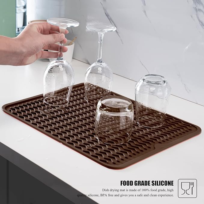 Large 17" x 14" Silicone Dish Drying Mat for Kitchen Counter, Easy clean, Quick Dry, Heat-resistant Dish Drainer Mat for Sink,Refrigerator or Drawer liner (Food Grade Silicone-Coffee)