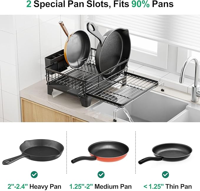 GSlife Expandable Dish Drying Rack and Sponge Holder Set, 2 Piece Large Capacity 2-in-1 Rust Resistant Dish Drainer and Adhesive Brush Holder and Soap Holder, Black
