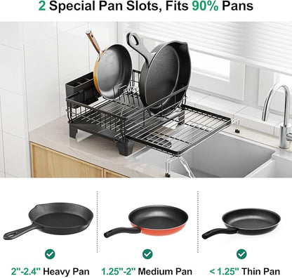 GSlife Expandable Dish Drying Rack for Kitchen Counter, Large Capacity 2-in-1 Rust Resistant Dish Drainer with Swivel Spout and Pull Out Over Sink Extension, 16.7" W x 12.6"-22.4" L, Black