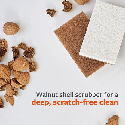 Full Circle Walnut and Cellulose Scrubber Sponges – Pack of 6 – Powerful, Non-Scratch Kitchen Sponges Made with Plant-Based Sustainable Materials, Safe for Nonstick Cookware