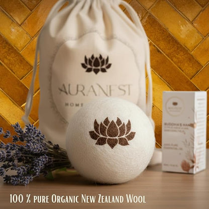 AuraNest Premium Quality Wool Dryer Balls Kit – 100% Organic XL Dryer Balls with Essential Oil & Laundry Mesh Bag, Reusable Fabric Softener Alternative to Dryer Sheets, Eco-friendly Housewarming Gift