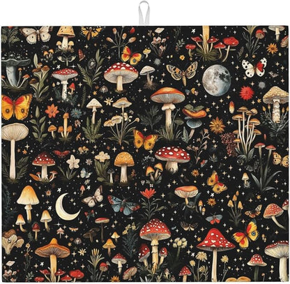 Black Forest Mushroom Butterfly Dish Drying Mats, Absorbent Microfiber Cute Decorative Kitchen Counter Mat, 16 x 18 inch, Washable, Reusable, Foldable for Dishes Utensils, Small Appliances, Home Decor