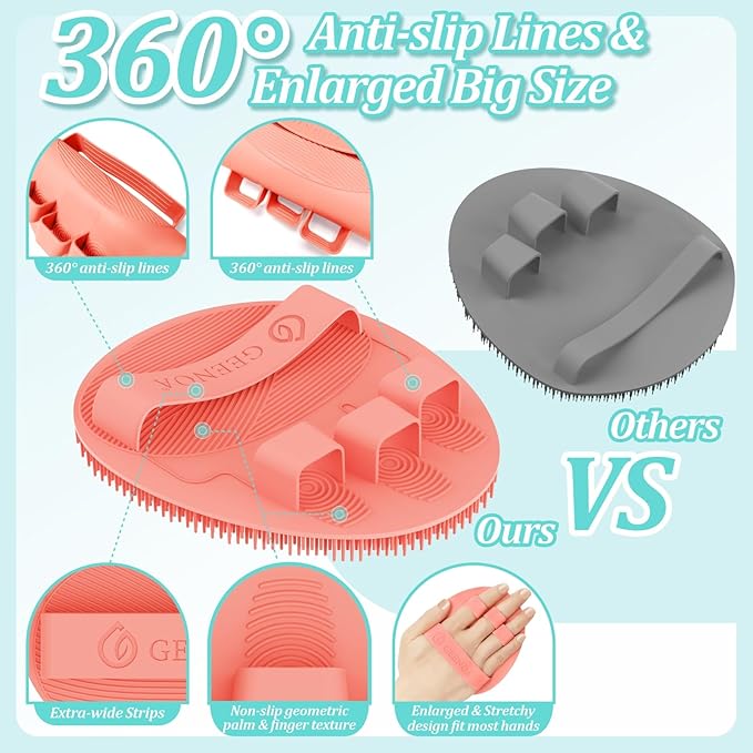Soft Silicone Back Scrubber & Bath Glove 2PCS, 16''- 24'' Extendable Back Scrubber with Dual-Side Head, 360° Anti-Slip & Hand-fit Silicone Body Scrubber for Rich Foaming Deep Cleaning(Pink)