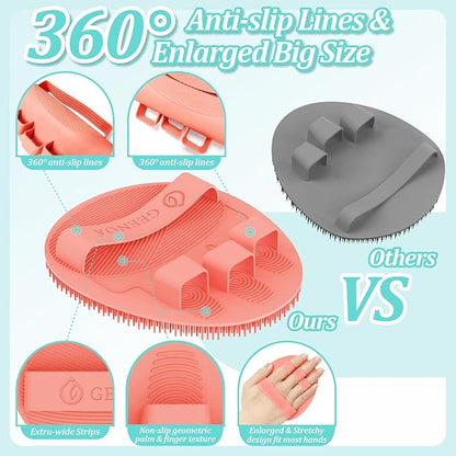 Soft Silicone Back Scrubber & Bath Glove 2PCS, 16''- 24'' Extendable Back Scrubber with Dual-Side Head, 360° Anti-Slip & Hand-fit Silicone Body Scrubber for Rich Foaming Deep Cleaning(Pink)