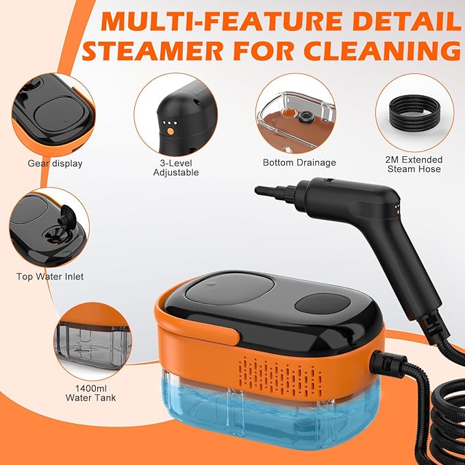 Steam Cleaner for Home & Car-Portable Handheld Steamer for Cleaning with 3-Level Handle, 15s Heat-Up, Large Tank, 16 Accessories - Clean Grease, Grout, Tile, Floor, Couch, Dirt, Furniture