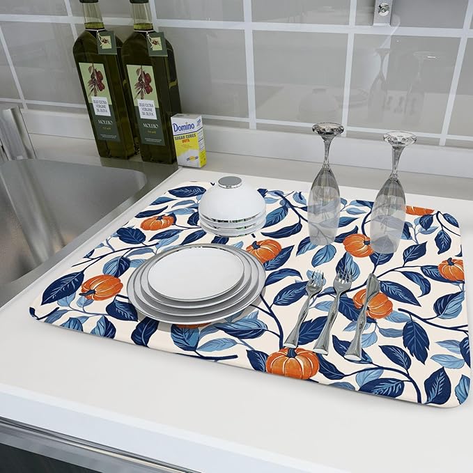 Autumn Pumpkin Dish Drying Mat for Kitchen Counter 18x24 Inch Blue and Orange Fall Thanksgiving Leaf Absorbent Reversible Microfiber Dish Drainer Rack Mats Countertops Protector Mat