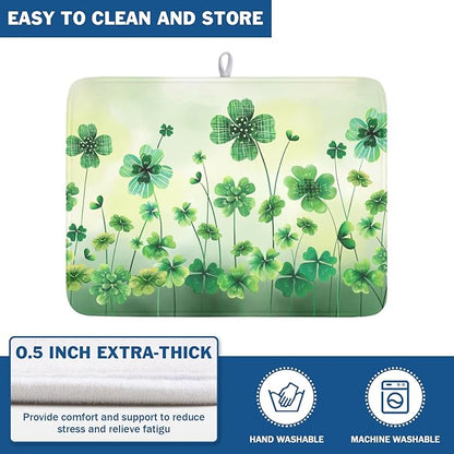 St Patrick's Day Dish Drying Mat for Kitchen Counter Green Lucky Shamrock Pattern Drying Mat 18x24 Inch Spring Holiday Absorbent Dish Drainer Mat Kitchen Accessories