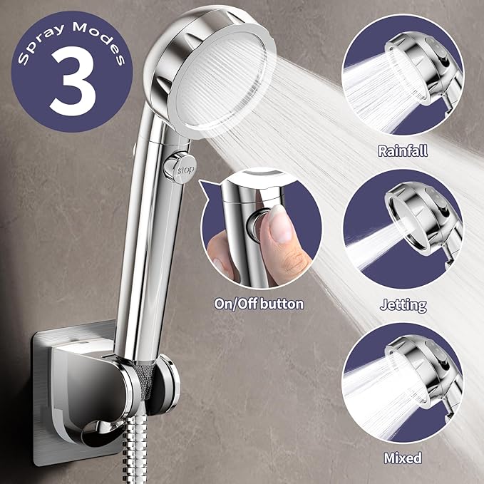 HOWUWEY Sink Hose Attachment for Faucet with 5 Adapters, Tub Faucet Sprayer Attachment, 3 Spray Modes Shower Head with ON/OFF Button, Filtered Shower Sprayer (Chrome)