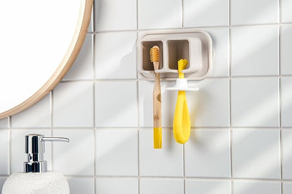 Silicone Suction Toothbrush Holder 2-Slot Wall Mounted Bathroom Organizer for Electric, Manual & Kids' Toothbrushes – Secure Suction Storage, Compact & Travel-Friendly – Sand Beige