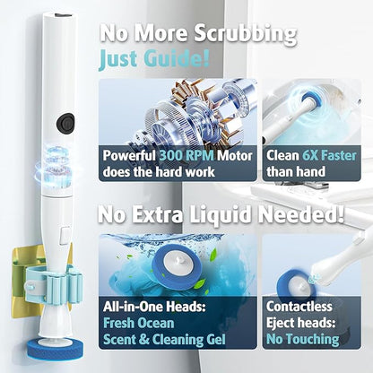 AIR U+ Hands-Free Electric Toilet Brush for Seniors & Busy Households - No Bending, Effortless Clean with Disposable Heads & Holder Set