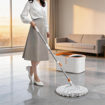 Floor Spin Mop and Bucket Set with Wringer System Extended Stainless Steel Handle 61＂for Home Floor Cleaning Use with 5 Replacement Head Refill and 1 Cleaning Brush Head