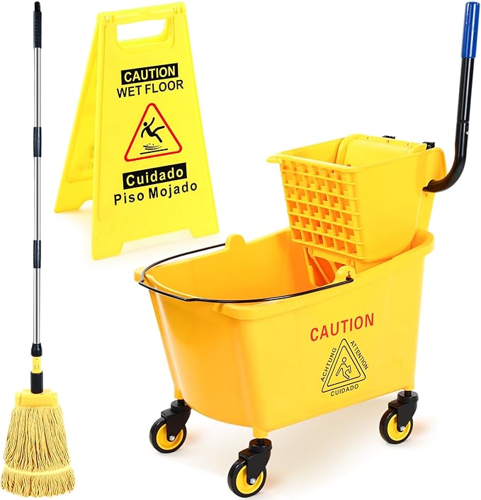 Maxdot 35 Quart Commercial Mop Bucket with Side Press Wringer on Wheels Yellow Industrial Mop and Bucket Set with Caution Sign for Floor Cleaning