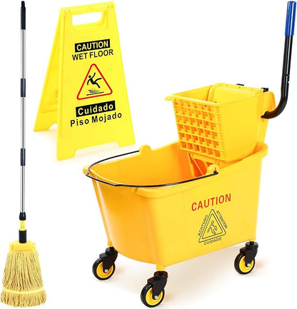 Maxdot 35 Quart Commercial Mop Bucket with Side Press Wringer on Wheels Yellow Industrial Mop and Bucket Set with Caution Sign for Floor Cleaning