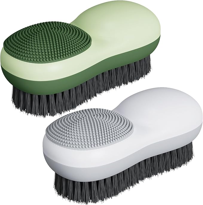 Laundry Stain Brush 2 Pack Two-Side Soft Bristle Scrub Brush for Stain Removal Silicone Household Clothes Washing Brush Dual-use Scrubbing Brush for Clothes Underwear (Green and White)