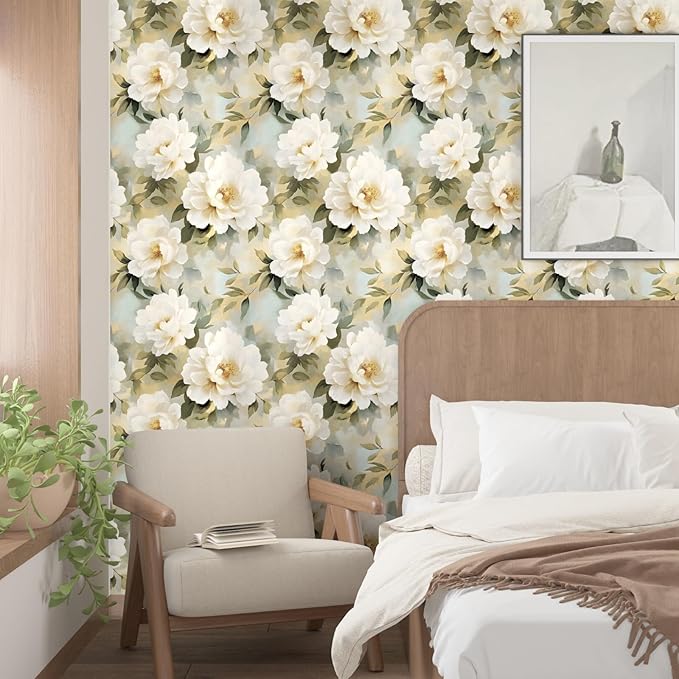 White Floral Wallpaper Peel and Stick,Beige/Green Peony Contact Paper,Oil Painting Watercolor Large Flower Wall Paper Self Adhesive Waterproof Removable for Bedroom Shelf Cabinet Drawer 17.5" x 118"