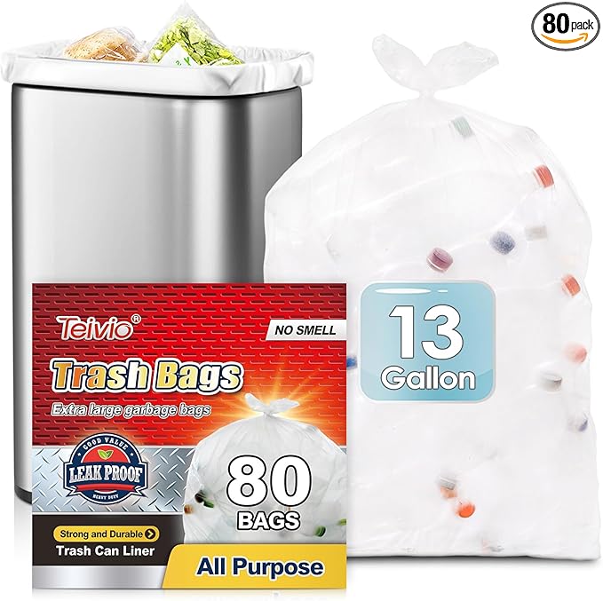 13 Gallon 80 Count Tall Kitchen Trash Bags 10 Gal 12 Gal 13 Gal fit 50 Liters Garbage Bags by Teivio, Waste Basket Bags,Bathroom Trash Can Bin Liners, Plastic Bags for home office kitchen, Clear