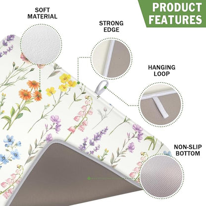 Spring Floral Dish Drying Mat for Kitchen Counter 16 x 18 Inch Colorful Flowers Dish Drainer Mat Absorbent Microfiber Dish Rack Pad for Summer Holiday Coffee Dining Bar Decor