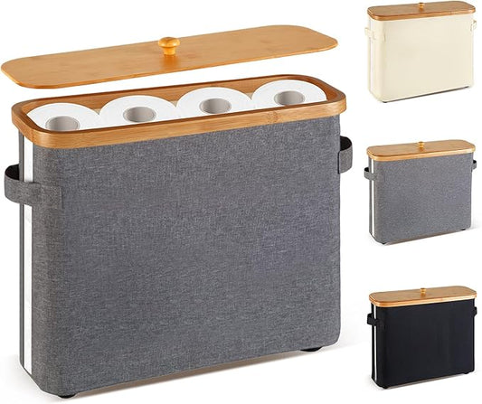 Bamboo Toilet Paper Organizer for Bathroom - Collapsible Storage Basket with Lid, Handle & Non-Slip Bottom, Gray