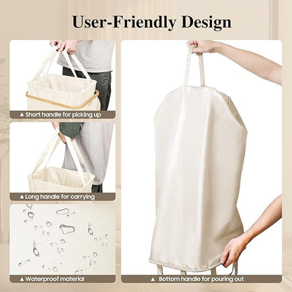 Large Laundry Hamper, 100L Waterproof Laundry Basket with Lid and Removable Bag, Collapsible Tall Clothes Hamper with Bamboo Handles for Clothes Toys in Dorm Bedroom Bathroom, Beige