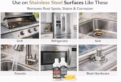 CLEAN MY STEEL Stainless Steel Rust Stain Remover & Cleaner Kit, NSF Safe for Food Areas. Includes Cleaner for Commercial Equipment, Appliances, Gloves & Sponge (8.5 oz)