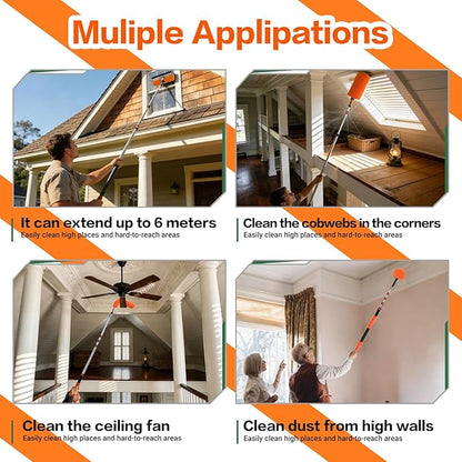 20FT High Reach Duster Cleaning Kit with 3-12 FTExtension Pole, High Ceiling Fan Cleaner Duster Tool for Fan Blades, Extendable Reusable Cobweb, Feather, Window Cleaning Squeegee Kit (12FT)