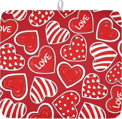 Valentines Day Dish Drying Mat for Kitchen Counter Red Polka Dot Stripe Love Heart Pattern Drying Mat 16x18 Inch Valentines Holiday Absorbent Dish Drainer Mat Kitchen Accessories