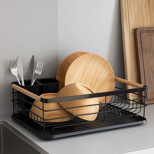 Navaris Dish Drainer Rack - Plate, Silverware, Pots and Pans Drying Rack for Kitchen with Beechwood Handles - Modern Retro Design Drip Tray - Black
