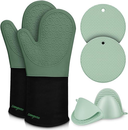 sungwoo 6pcs Silicone Oven Mitts and Pot Holders Sets, 14.6 Inch Heat Resistant Oven Gloves with Quilted Liner Non-Slip Textured Grip Perfect for BBQ, Baking, Cooking and Grilling Green