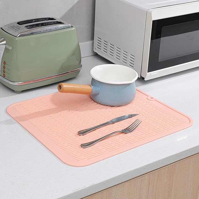 MicoYang Silicone Dish Drying Mat for Multiple Usage,Easy clean,Eco-friendly,Heat-resistant Silicone Mat for Kitchen Counter or Sink,Refrigerator or Drawer Liner Pink XL 18 inches x 16 inches