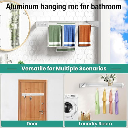 Upgrade 6 Knob Hooks Laundry Drying Rack Clothing, Wall Mounted Clothes Drying Rack 40" Wide, Large Foldable Collapsible Laundry Racks for Drying Clothes with Wall Template, 5 Aluminum Rods