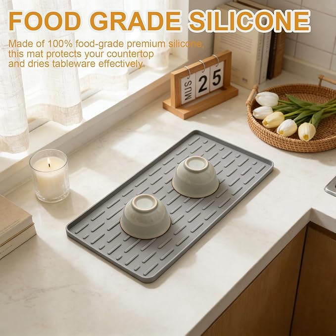 Silicone Coffee Mat, 16"X7" Heat-Resistant,Eco-friendly,Hygienic Drying Pad,Leak-Proof and Non-Slip,Removable Silicone Mat with Concave and Convex Design,（Gray 16X7）
