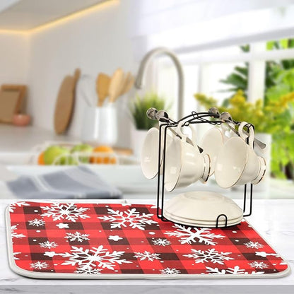 Snowflakes Christmas Checkered Plaid Dish Drying Mat for Kitchen Counter Absorbent Microfiber Drying Pad, Large 18x24 in