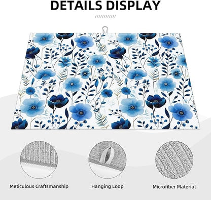 Blue White Floral Watercolor Dish Drying Mats, Absorbent Boho Blue Decorative Kitchen Counter Mat, Polyester, Absorption, Foldable, for Kitchen Dishes Utensils Small Appliances, Home Decor, 18" x 24"