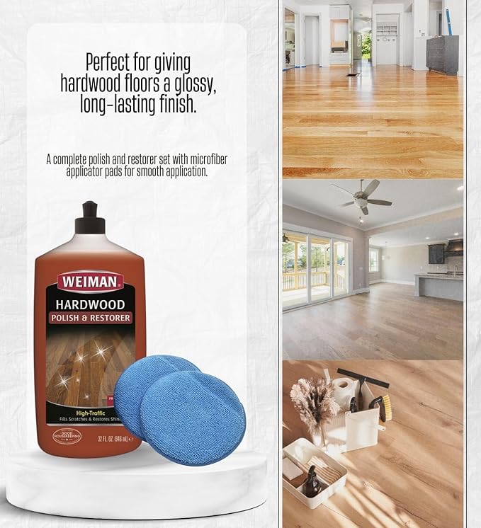 3x Weiman High Traffic High Gloss Hardwood Floor Polish & Restorer Liquid 32 oz Bundle with Microfiber Applicator Pads – Wood Floor Cleaner and Polish for Scratch Repair and Shine – Gift Set (4 Items)