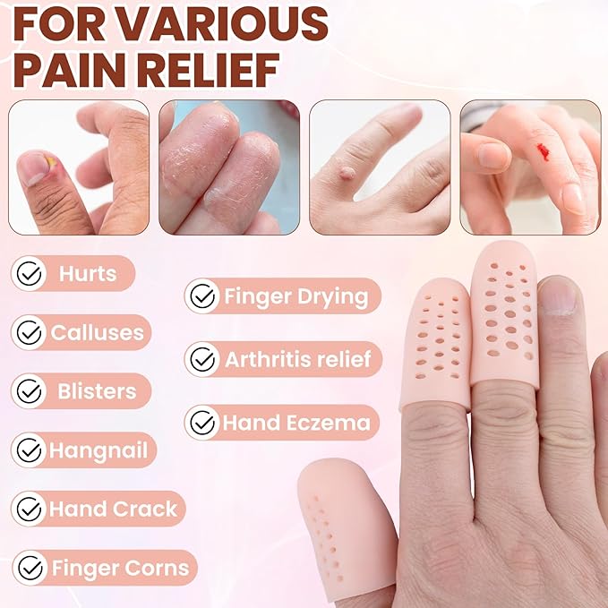 PAGOW 10pcs Gel Finger Cots/Covers, Silicone Finger Protector Support, Finger Caps Finger Sleeves Thumb Protector for Finger Cracking Trigger Finger Arthritis Pain Relief (Beige, 8 Small+2 Medium)
