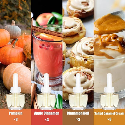 Plug In Air Fresheners for Home,12-Pack Fall Scented Refills with Pumpkin, Apple Cinnamon, Cinnamon Roll, Salted Caramel Cream,7.92 Fl Oz, Compatible with Air Wick & Glade, Not Include Glade Plus