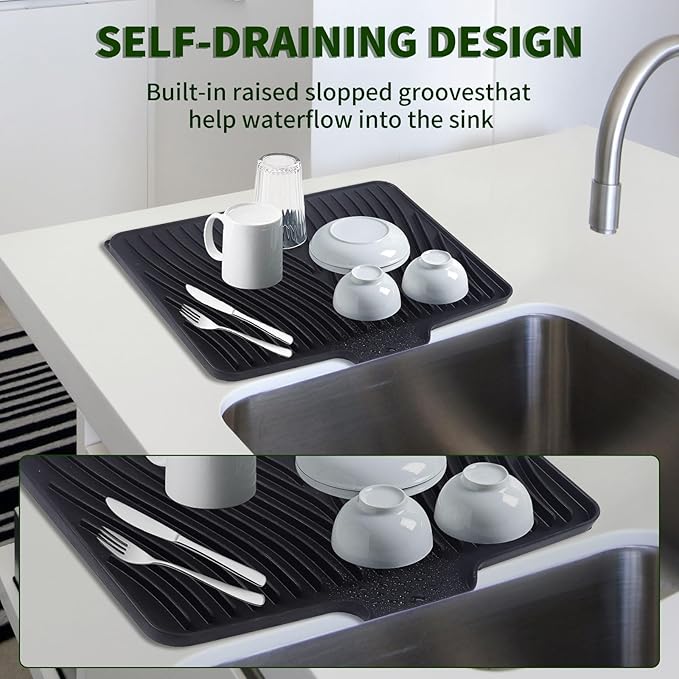 Silicone Dish Drying Mat 16x13 Multiple Usage,Easy clean,Eco-friendly,Heat-resistant Silicone Mat Dish Drying Mats For Kitchen Counter or Sink,Refrigerator or Drawer liner Black16inchx13inch