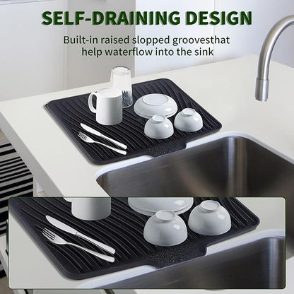 Silicone Dish Drying Mat 16x13 Multiple Usage,Easy clean,Eco-friendly,Heat-resistant Silicone Mat Dish Drying Mats For Kitchen Counter or Sink,Refrigerator or Drawer liner Black16inchx13inch
