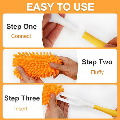 2 Pcs with 1 Handle Reusable Duster Refills, Washable Microfiber Dusters, 360°Cleaning Tools for Home, Office, Blinds, Car, Pet, Furniture, Fan