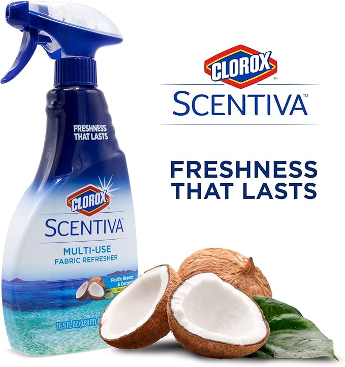 Clorox Scentiva Fabric Refresher Spray for Household Home Fabrics, Odor Refreshing Spray for Upholstery, Curtains, Bedding and Carpets, Pacific Breeze Coconut Scent, 16.9 Fl Oz - 2 Pack