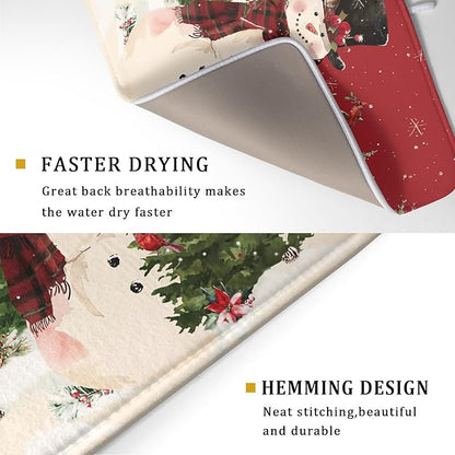Christmas Snowman Dish Drying Mat for Kitchen Counter 18x24 Inch Watercolor Xmas Tree Bird Print Absorbent Reversible Microfiber Drying Mats Kitchen Countertop Protector Dishes Drainer Rack Pad
