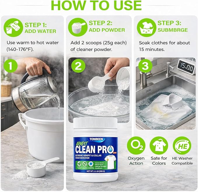 Oxygen Laundry Powder, Sweat & Deodorant Armpit Stain Remover for Clothes, Hyper Concentrated & Suitable for Multi-Stain, Yellow Oil Spot Tough Stain Build Up Remover - Gentle On Fabrics